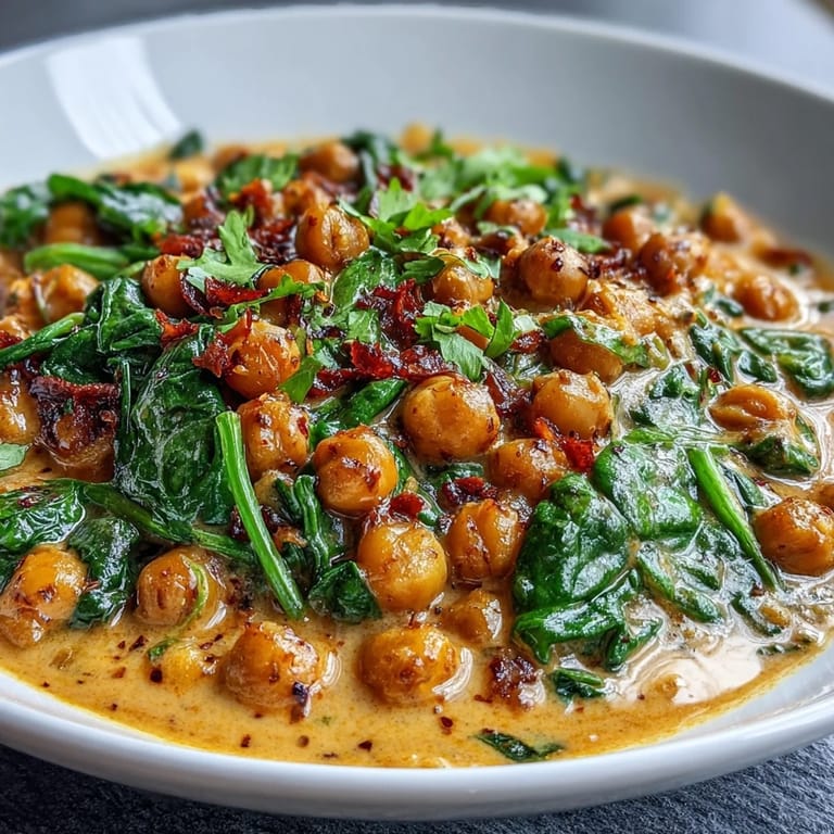 A steaming pan of Chickpea Curry shows creamy coconut sauce, chickpeas, and fresh cilantro garnish.