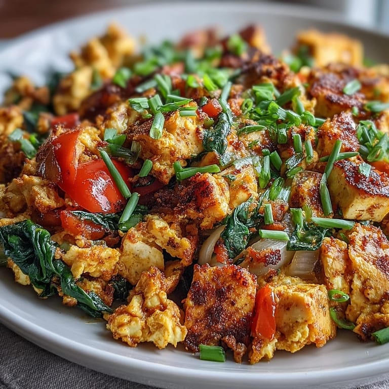 Herzhaftes Tofurührei, garniert mit frischen Kräutern, für einen energiegeladenen Tag.