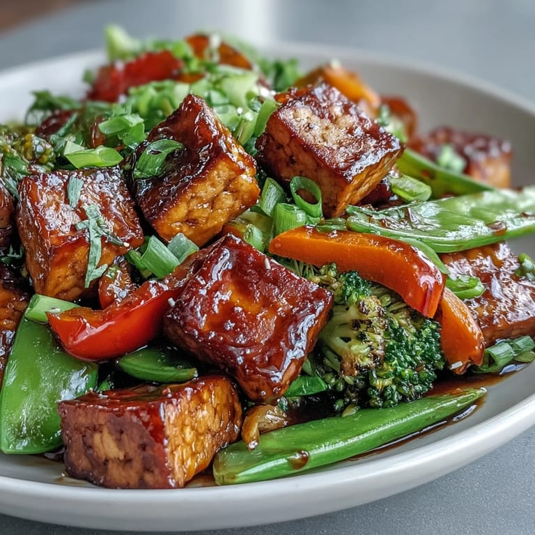 Leckere Vegetable Tempeh Stir-Fry-Pfanne mit goldenem Tempeh und cremiger Sojaglasur serviert.