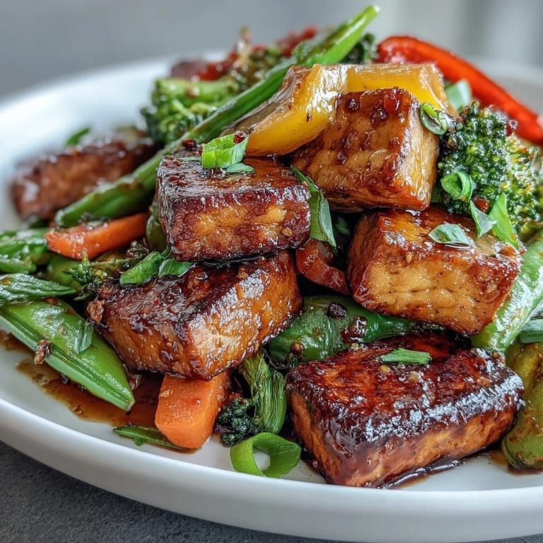 Vegetable Tempeh Stir-Fry mit duftendem Ingwer und würziger Sesam-Sauce, perfekt zu Reis.