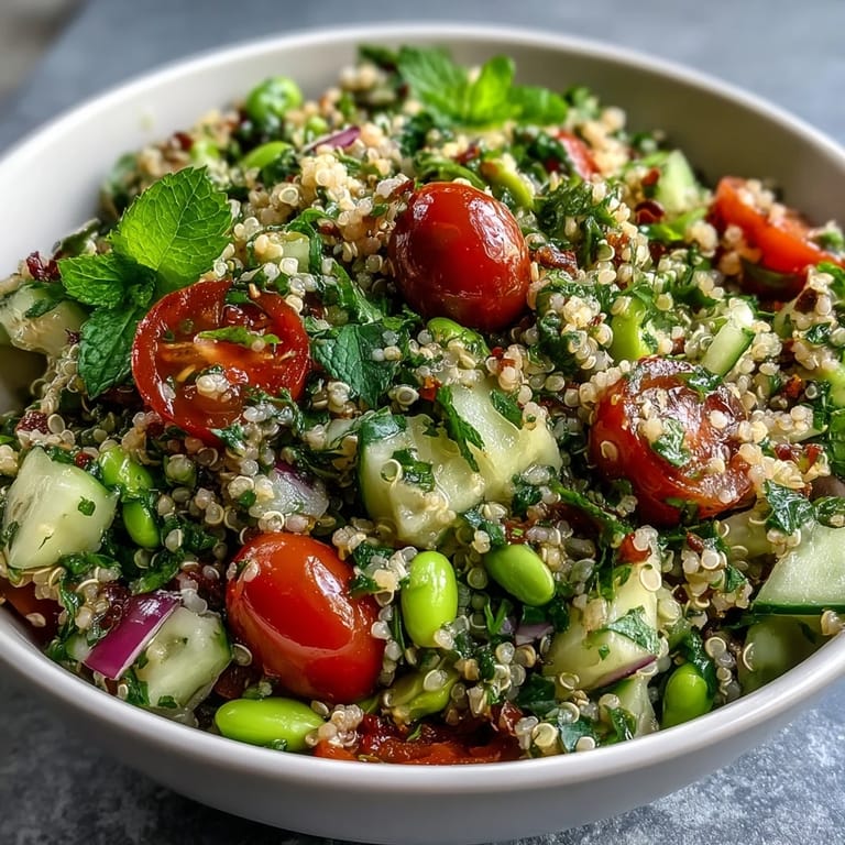 Proteinreicher Edamame und Quinoa Salat mit knackigen Gemüsestücken und einem goldenen Olivenöl Dressing-Tropfen.