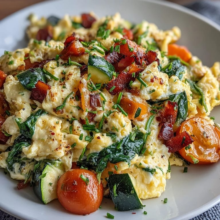 A close-up of a bright and nutritious Egg and Vegetable Scramble garnished with fresh herbs.