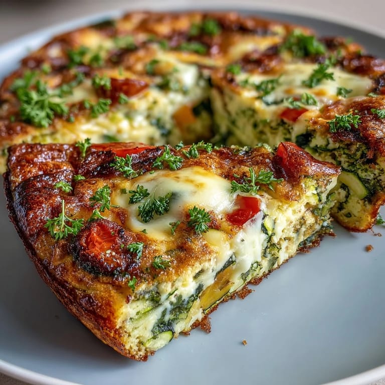 Eine goldbraune Vegetable Frittata mit Brokkoli, Paprika und Zucchini, serviert in einer heißen Eisenpfanne.