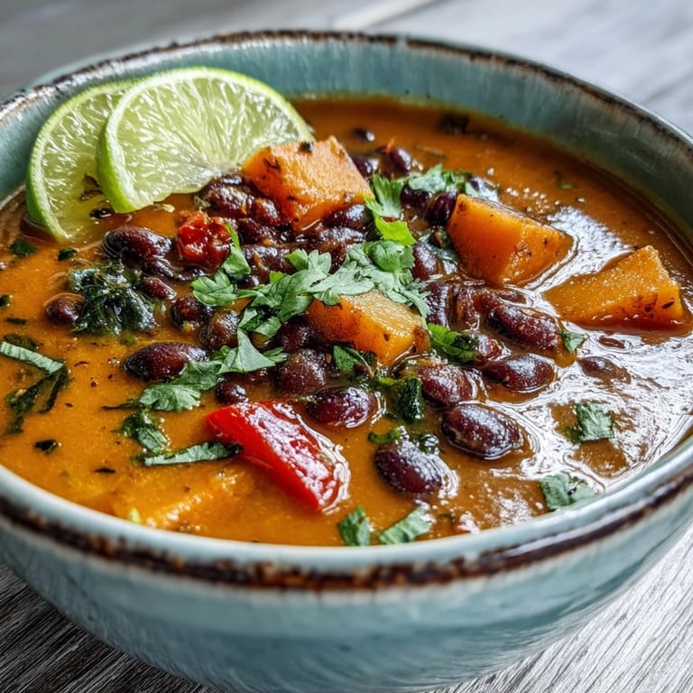 Creamy bowl of Sweet Potato and Black Bean Soup garnished with cilantro and avocado slices. Paired with a lime wedge for zesty flavor.