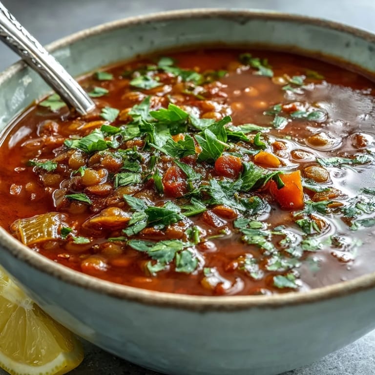 Hearty Tomato Lentil Soup served in a white ceramic bowl, paired with crusty bread on a wooden table.