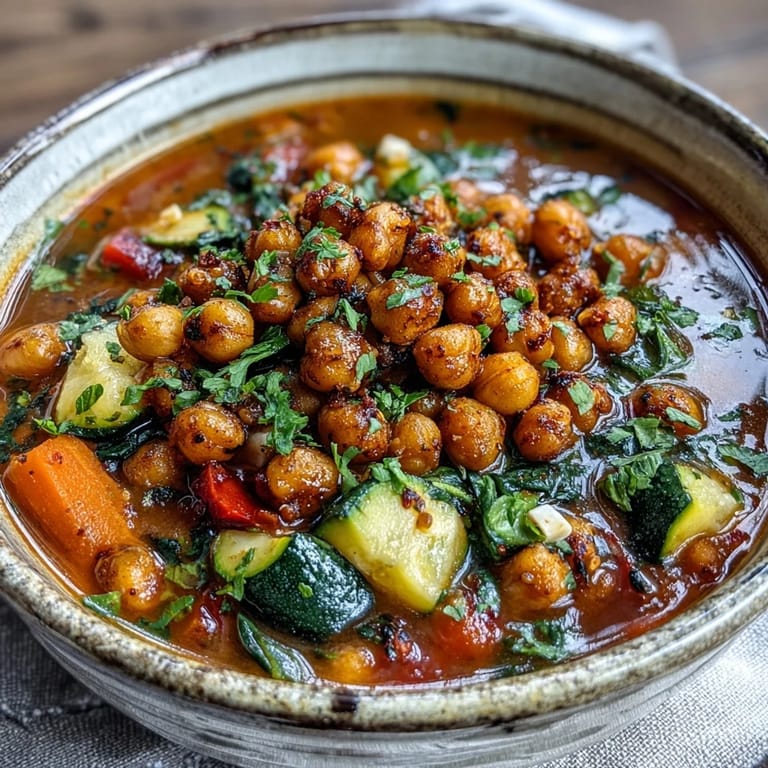 Würzige Spiced Chickpea and Vegetable Soup mit weichen Karotten und grünem Gemüse, fertig zum Servieren mit einem Klecks frischer Kräuter.