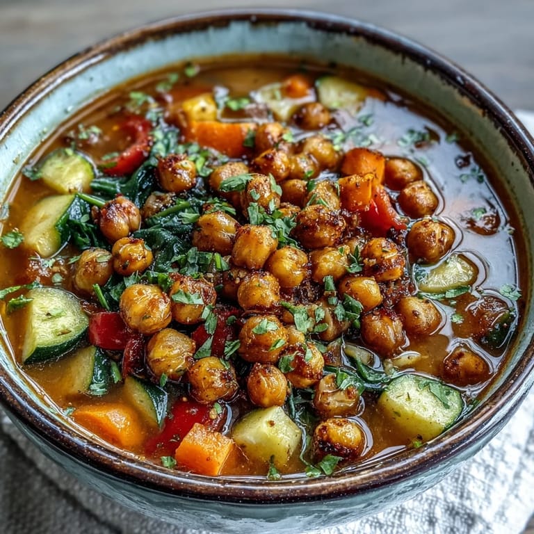 Gebackene Chickpeas in der würzigen Spiced Chickpea and Vegetable Soup, angerichtet in einer Schüssel für einen gemütlichen veganen Abendessen.