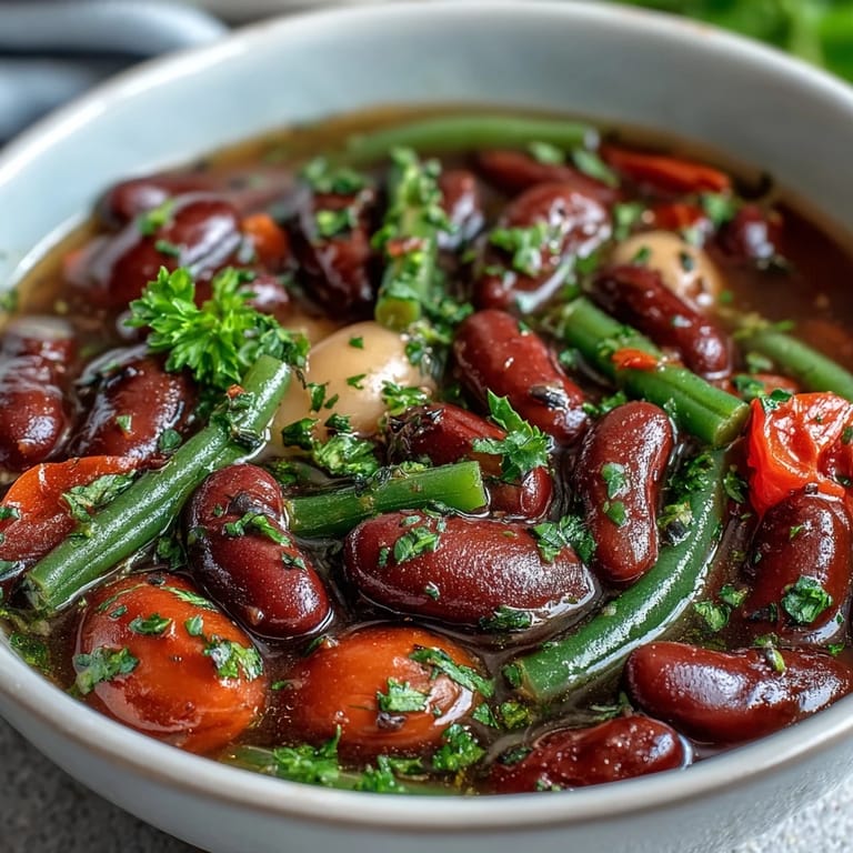 Zesty Three-Bean Salad Soup featuring a rich vegetable broth, red onion, and a sprinkle of fresh herbs.