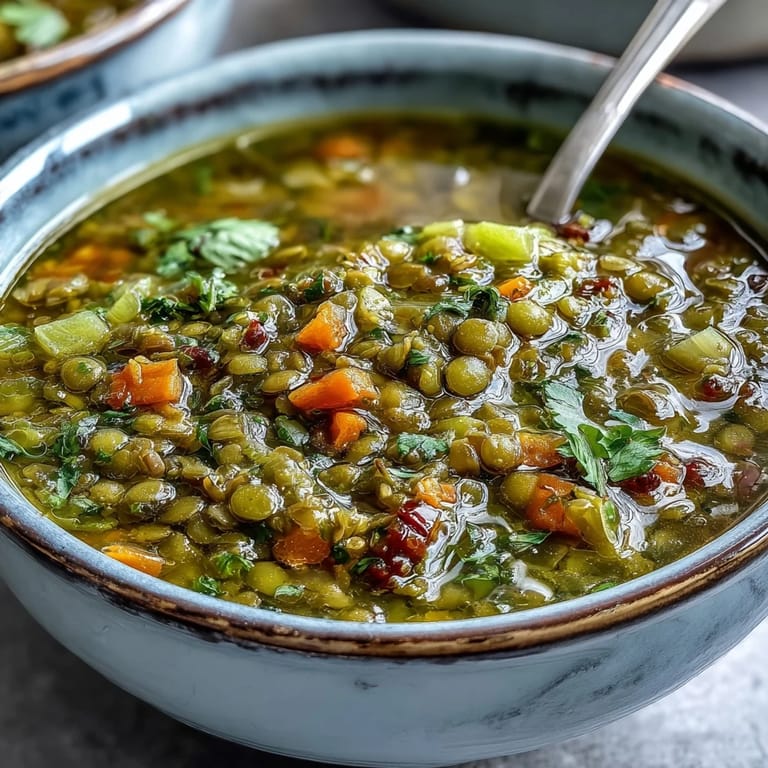 Nährhafte vegane Mung-Bohnen-Suppe mit Gewürzen wie Kreuzkümmel und Kurkuma, garniert mit frischem Koriander.