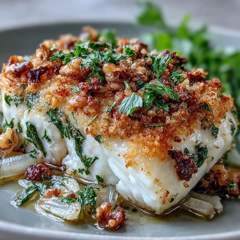 Goldig gebackener Halibut mit duftendem Fenchel und knuspriger Zitronen-Walnuss-Pangrattato, frisch aus dem Ofen serviert.