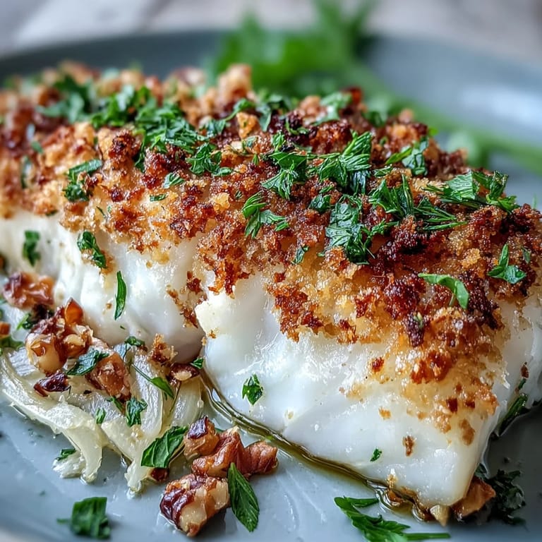 Ein Teller mit saftigem Halibut, weichem Fenchel und würziger Walnuss-Pangrattato, perfekt für ein elegantes Abendessen.