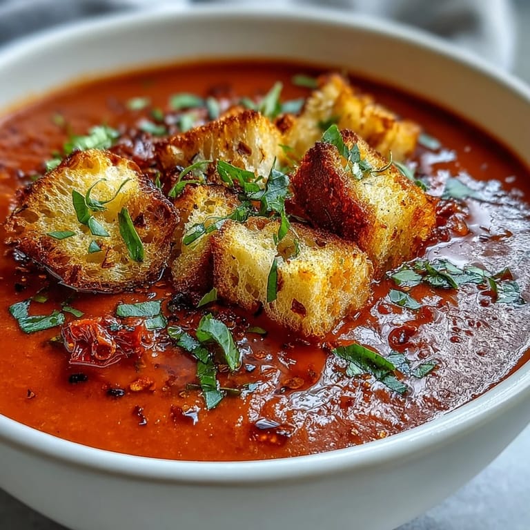 Süße Paprika in der Roasted Red Pepper Soup vermischt mit Harissa, toppet mit hausgemachten Croutons.