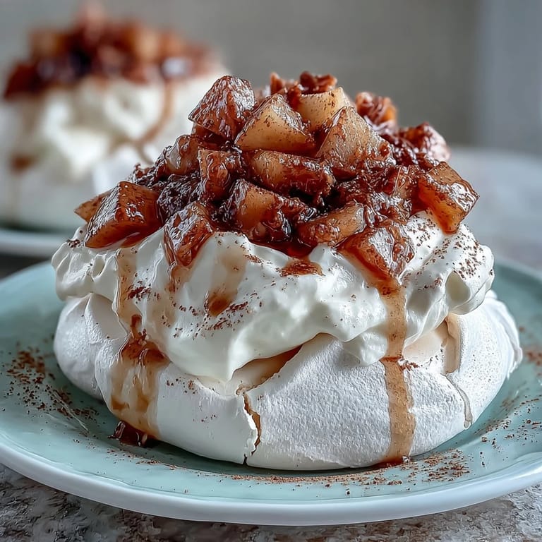Ein Dessertlöffel mit Mini Hot Toddy Pavlovas, gefüllt mit geschlagener Sahne und aromatischen Whisky-Birnen.