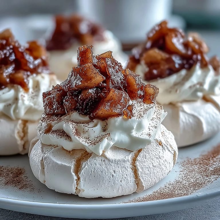 Die weißen Mini Hot Toddy Pavlovas liegen neben einer Gießkanne mit Sirup und einer Tasse Tee.