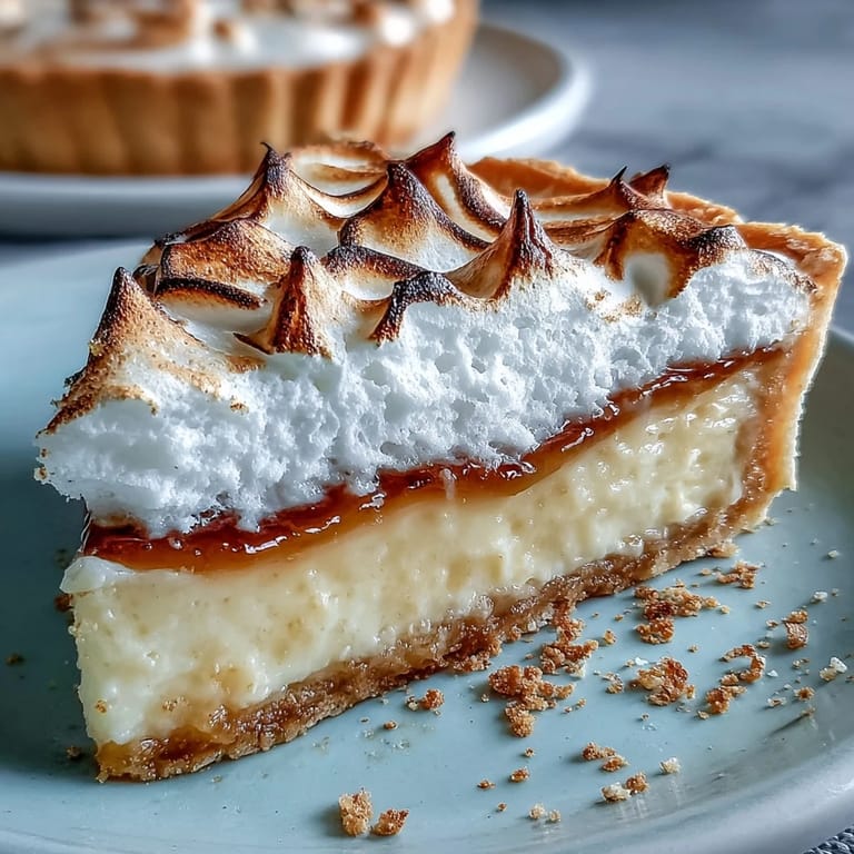 A slice of Lemon Meringue Pie reveals tangy yellow lemon filling and a crisp, buttery crust.