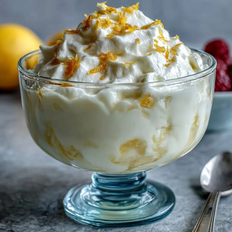 Leichtes Zitronenfool in Riesenglas, zitronenfarbene Creme mit markanten Sahneschichten und einladendem Glasrand.