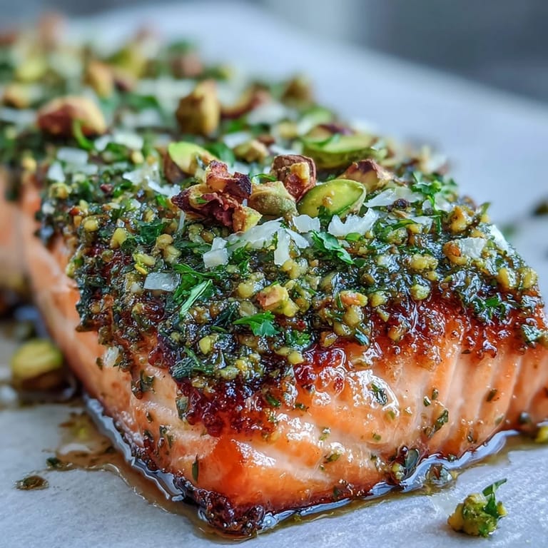 Weich gares Confit Lachs mit leuchtender Tahini-Pistazien-Herren-Kruste, garniert mit Zitronenscheiben und frischen Kräutern für den Restaurant-Look zu Hause.
