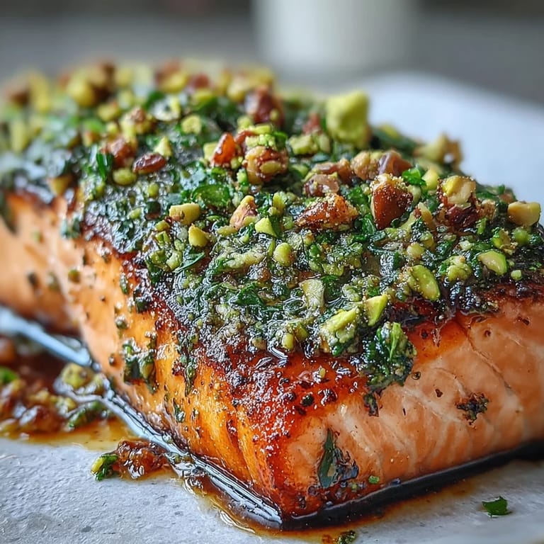 Saftiges Confit Lachsfilet, langsam im Öl gegart und mit einer würzigen tahini- und pistazienbasierten Kräutersoße belegt – perfekt für 4 Personen.