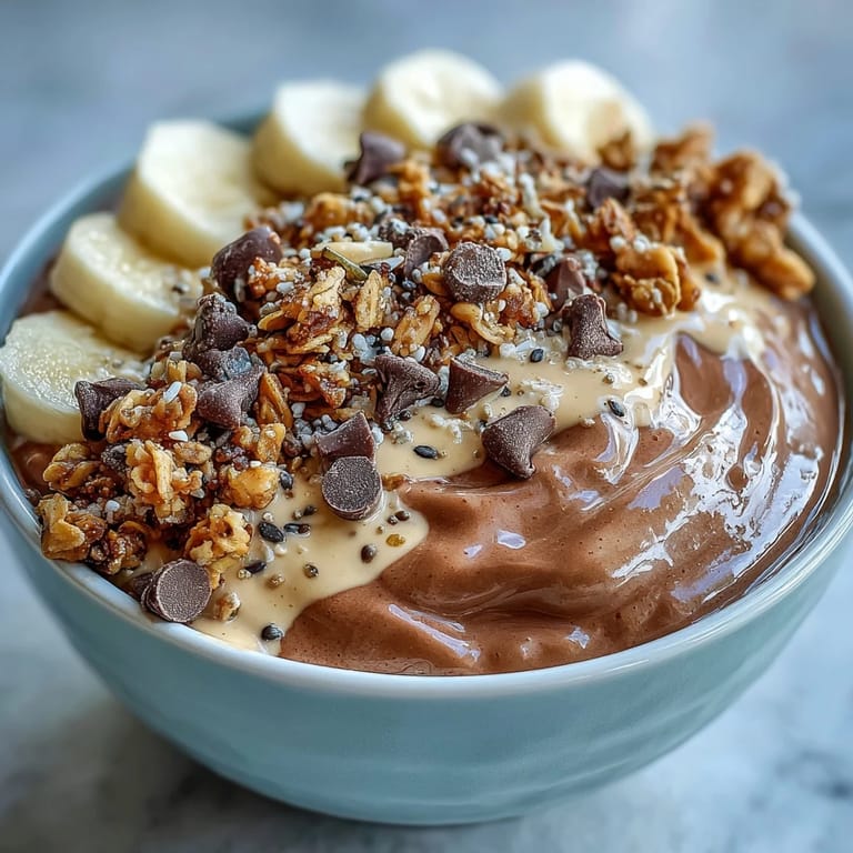 Genieße Chunky Monkey Smoothie Bowls zum Frühstück, gesüßt mit Ahornsirup und Kakaonibs.