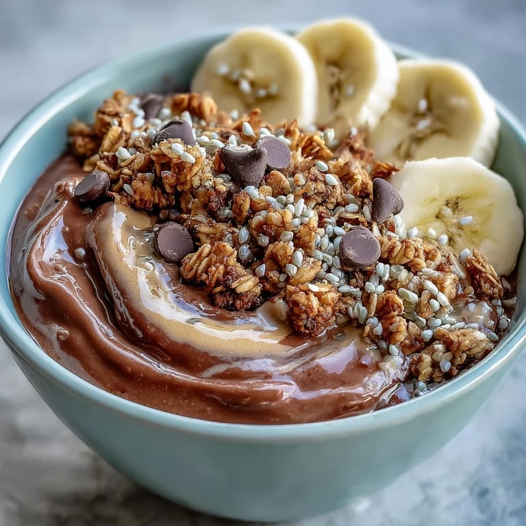 Cremige Chunky Monkey Smoothie Bowls mit Bananen-Stücken und zartem Kakao bestreut.