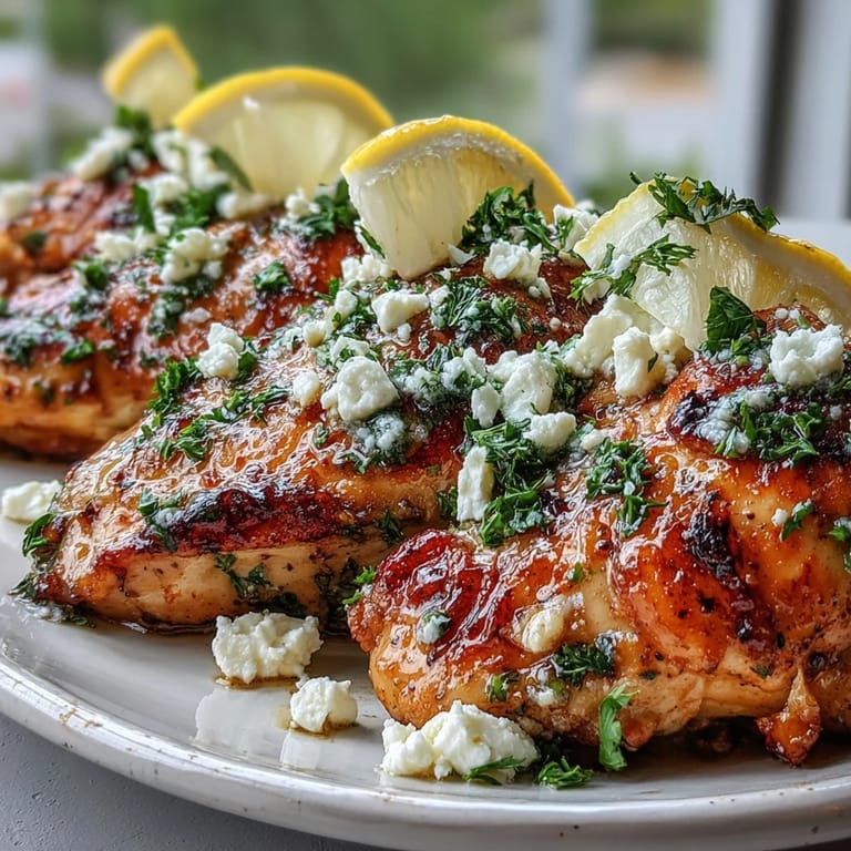Sizzling Greek Chicken with Lemon and Feta in a pan, golden sear, topped with crumbled feta and chopped parsley.