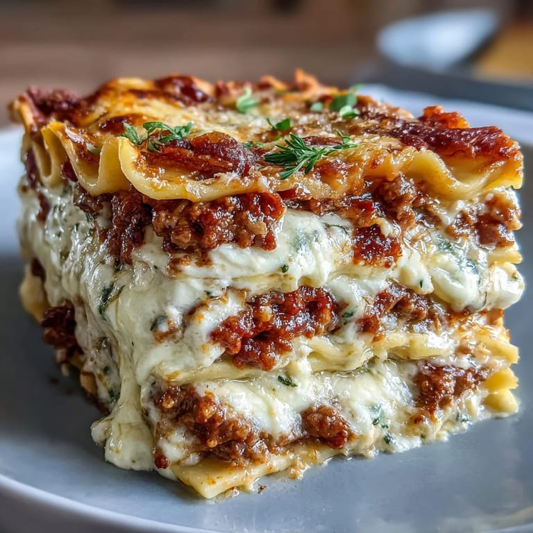 Goldbraune Käsekruste auf gestapelten Nudeln mit Tomatensauce und frischem Basilikum belegt.