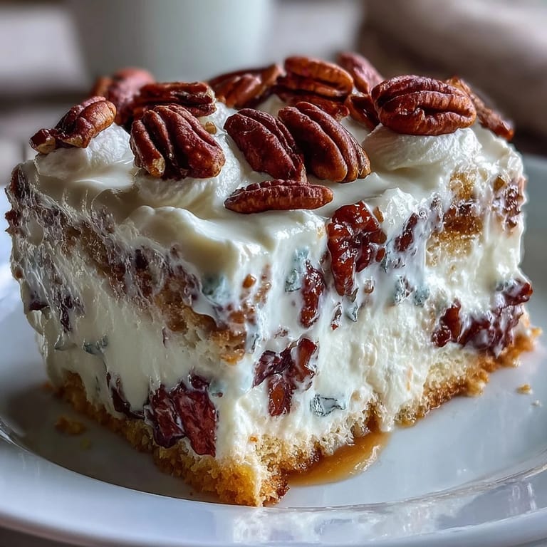 Decadent Butter Pecan Tres Leches Cake slice revealing moist layers and a rich buttery pecan drizzle.