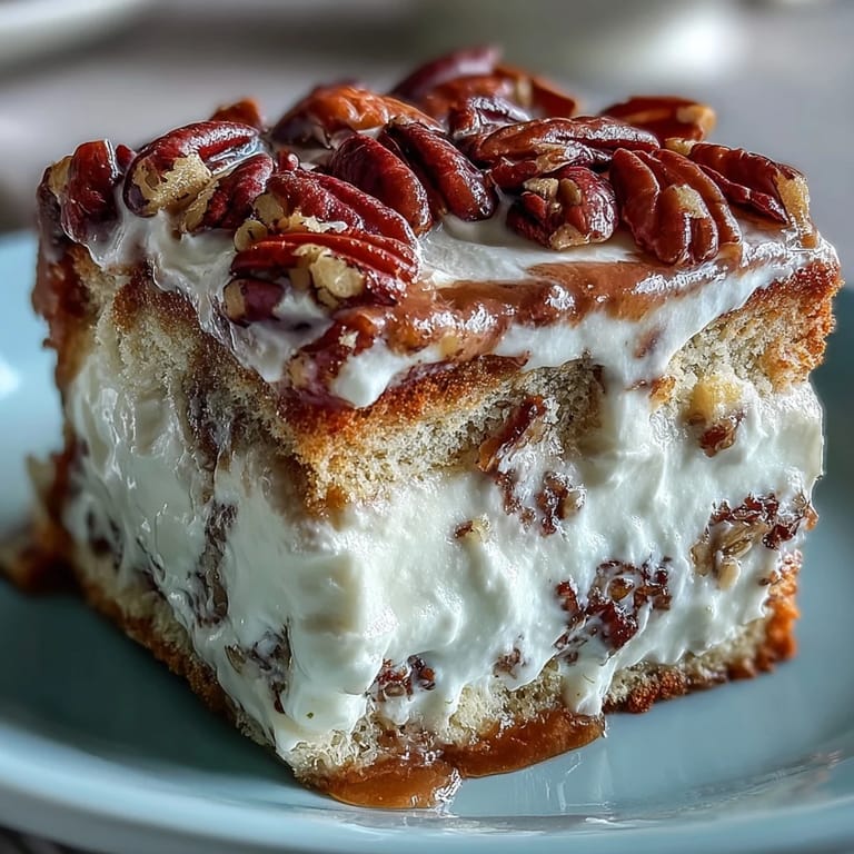 Cold slice of Butter Pecan Tres Leches Cake with fluffy whipped topping and caramelized pecan garnish.