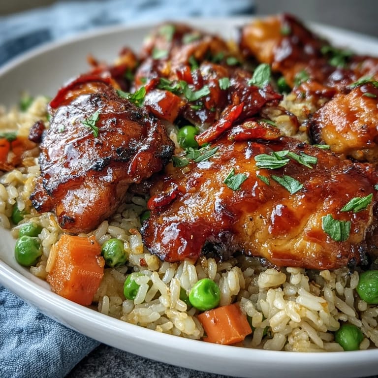 Saftige Hähnchenstücke in honig BBQ Sauce auf fluffigem Reis mit bunten Paprikastreifen und Erbsen, perfekt für Familien.