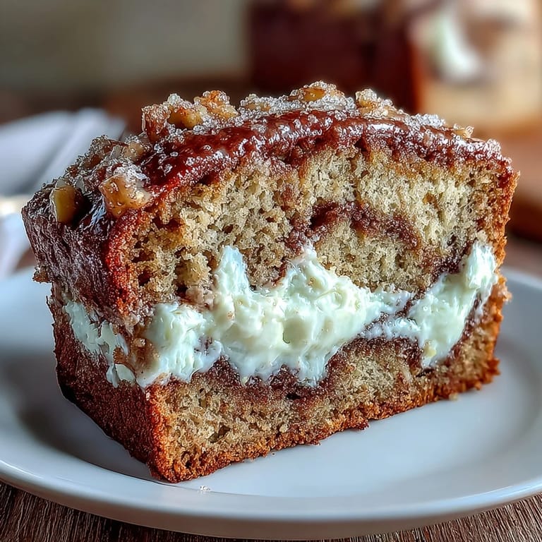 Ein riesiges Stück Cream Cheese Cinnamon Swirl Banana Bread auf einem Holzteller mit geschmolzener Butter.