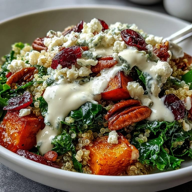 Gesunder Harvest Kale Quinoa Bowl mit cremiger Zitronen-Tahini-Soße und Blattkohl.