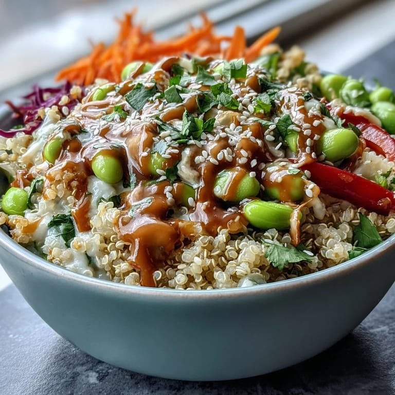 Enjoy a hearty Thai Coconut Quinoa Bowl featuring crisp veggies and rich coconut quinoa, perfect for a healthy dinner.