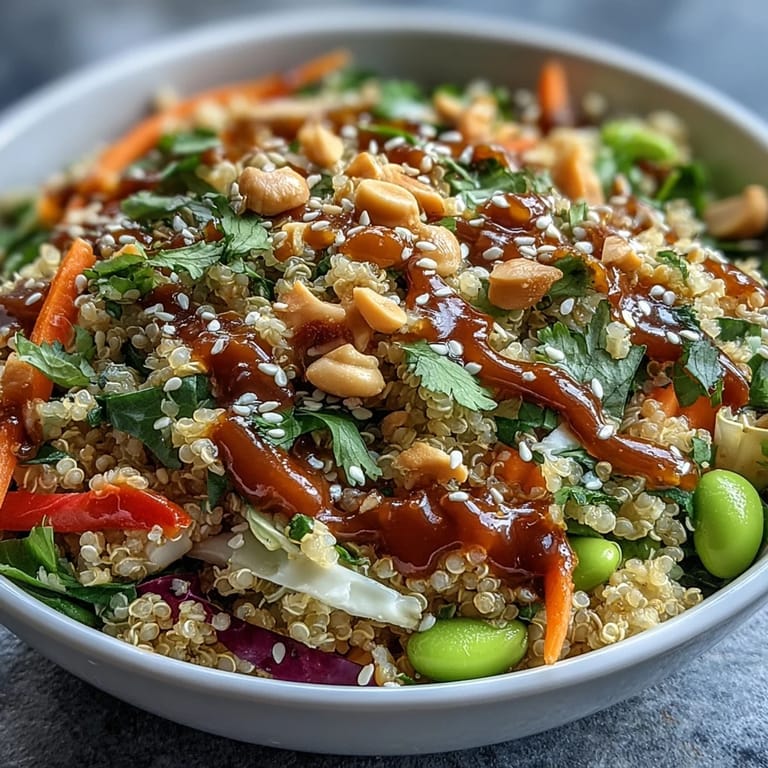 A close-up of a nutritious Thai Coconut Quinoa Bowl, showcasing shredded carrots, purple cabbage, and sesame seeds.