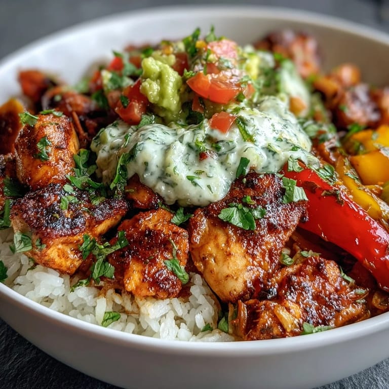 Makellose Chicken-Tinga-Bowls vom Blech mit rauchig-chipotlegewürztem Hähnchen, geröstetem Gemüse und cremiger Avocado-Salsa.