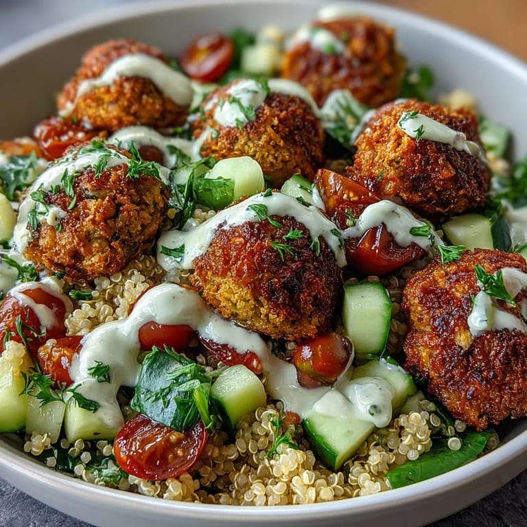 Frische Falafel-Quinoa-Schüssel mit knusprigen Bällchen, Gurke, Tomaten und cremiger Knoblauch-Tahini-Soße.  