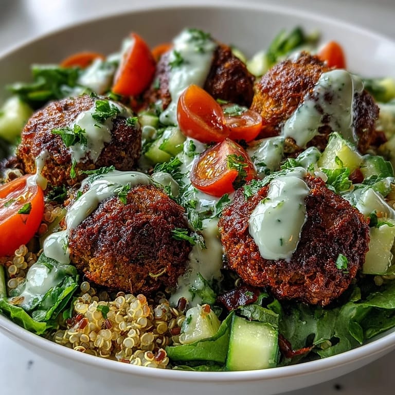 Vegetarische Falafel-Quinoa-Schüssel mit grünem Salat, roten Tomaten und goldbraunen Falafel auf weichem Quinoa.