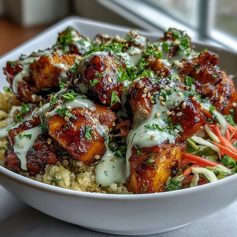 Golden roasted sweet potatoes and tender chicken top fluffy quinoa in a Hot Honey Chicken Bowl with crunchy slaw.
