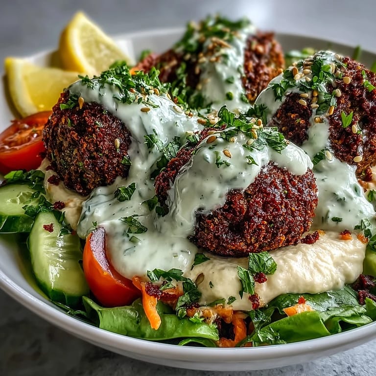 Falafel bowl featuring tangy tzatziki, cherry tomatoes, cucumber, and toasted sesame seeds, served with lemon wedges on the side.