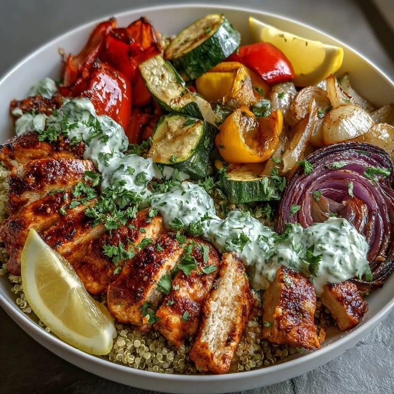 Gesunde Paprika-Kräuter-Hähnchen-Gemüse-Quinoa-Schüssel, bereit zum Genießen.