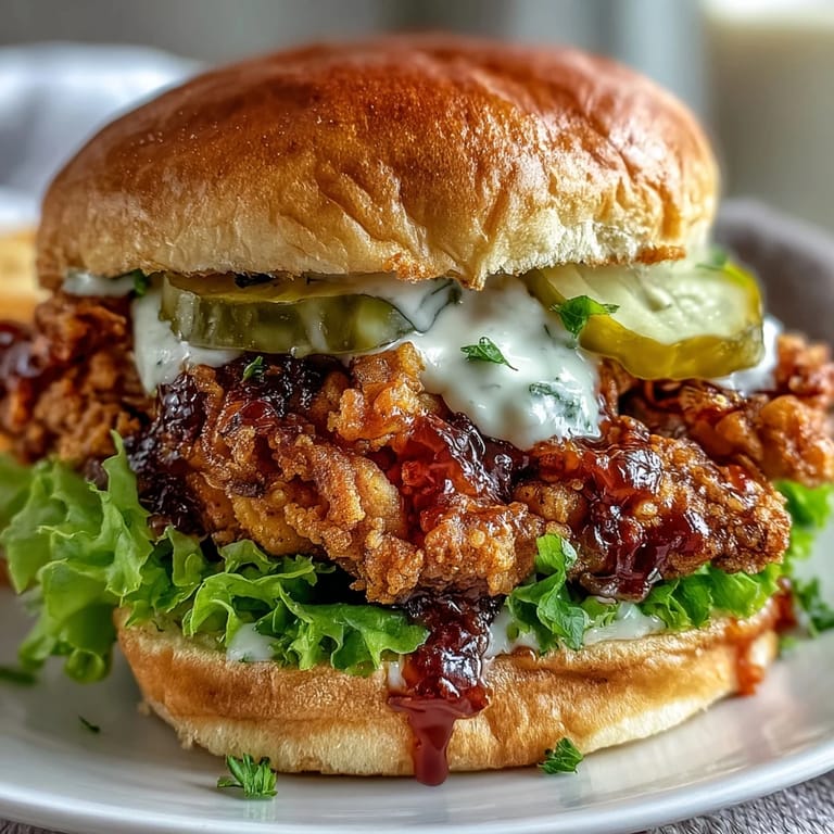 Crispy Spicy Chicken Sandwich with Creamy Homemade Sauce served with golden fries and a tangy pickle garnish.