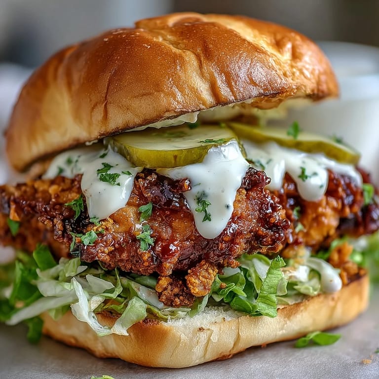 Close-up of a stacked Spicy Chicken Sandwich with Creamy Homemade Sauce revealing juicy chicken and buttery toasted bun.
