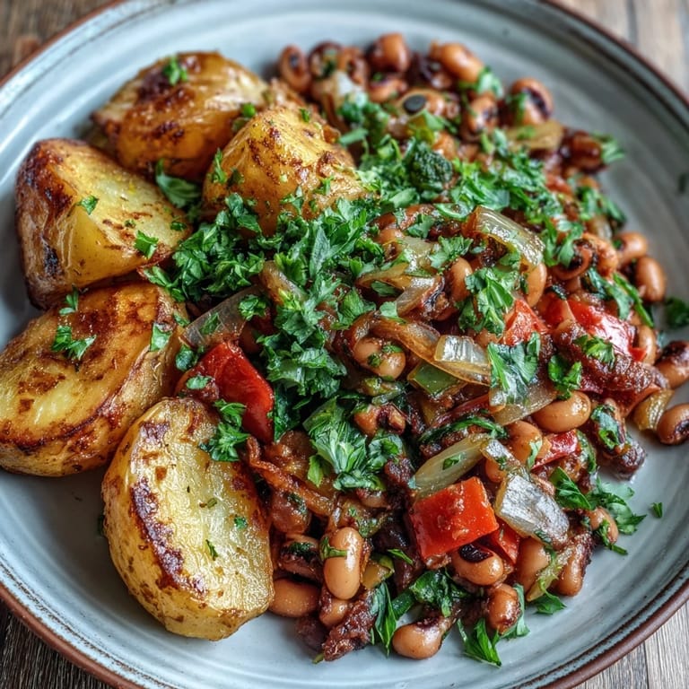 Würzige Black-Eyed Pea Hash mit schwarzen Augen Bohnen, buntem Gemüse und Chiliflocken, heiß und aromatisch direkt aus dem Ofen angerichtet.