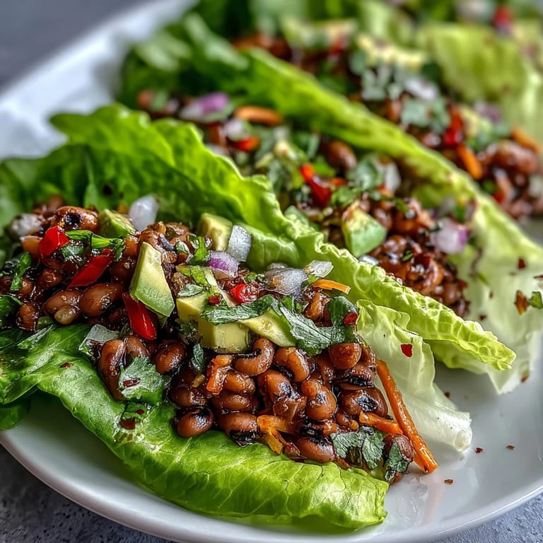 Saftige Black-Eyed Pea Lettuce Wraps mit roten Zwiebeln und Paprika, bereit zum Falten und Genießen.