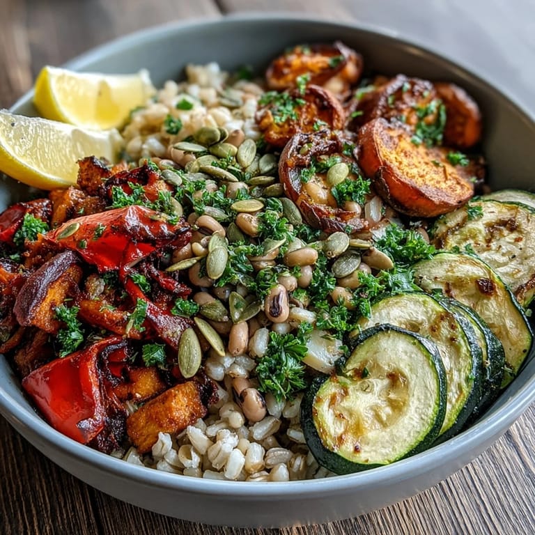 Schmackhafte Black-Eyed Pea Grain Bowl mit Zucchini und roter Paprika auf Holzplatte.