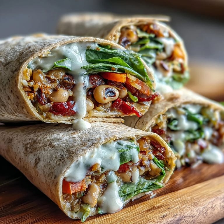 Vollkorn-Black-Eyed Pea Wraps mit knackigem Gurken- und Karotten-Salat und cremiger Tahini-Soße auf einem Holzteller.