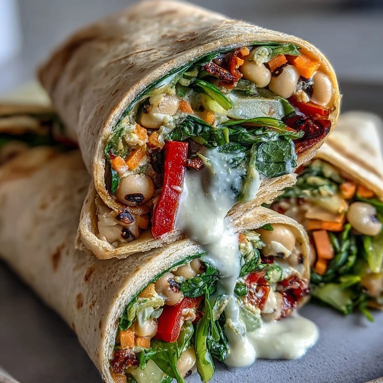 Frisch gerollte Black-Eyed Pea Wraps mit schwarzen Augen Erbsen, Quinoa und würziger Zitronen-Tahini-Soße, perfekt für Meal-Prep.