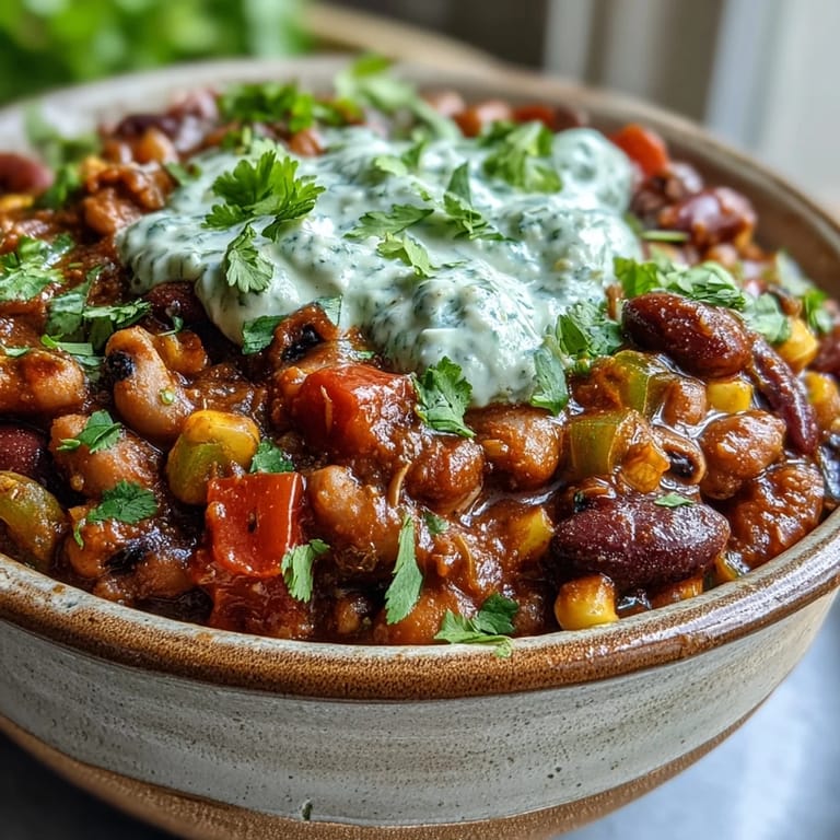 Black-Eyed Pea Chili dampft in einer Schüssel, garniert mit frischen Jalapeños und geriebenem Käse.
