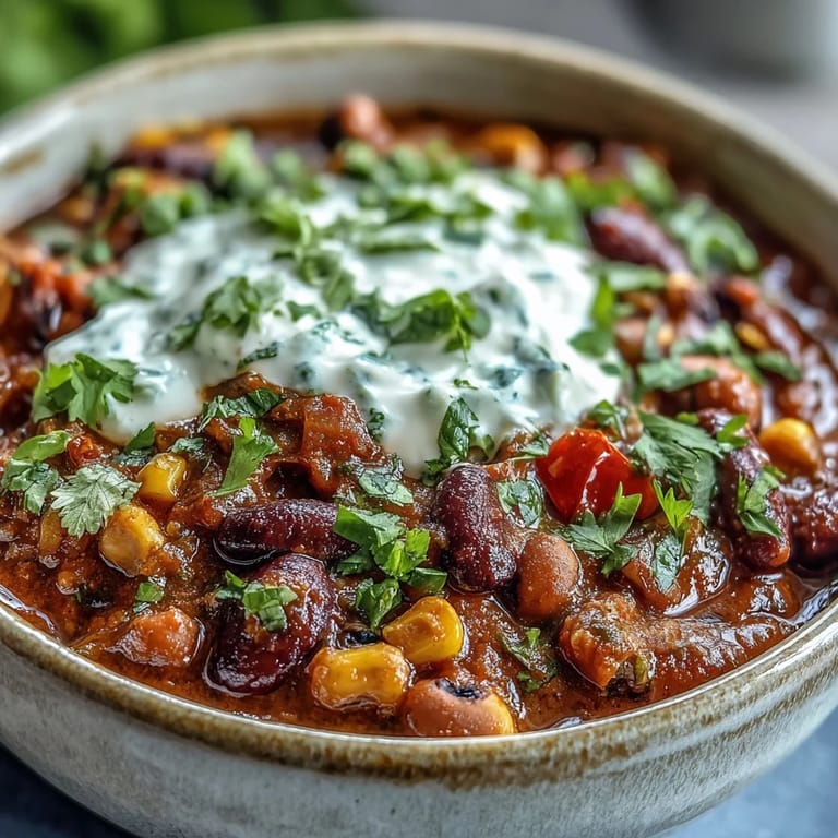 Ergiebiges Black-Eyed Pea Chili neben Maismehlbrot und Tortilla-Chips für eine herzhafte Mahlzeit.