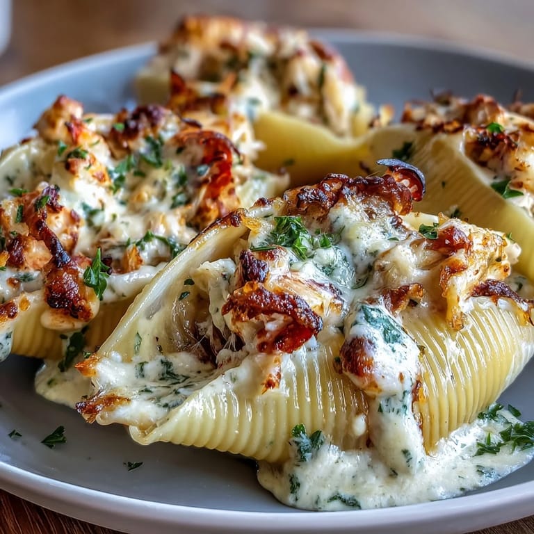 Golden baked Creamy Seafood Stuffed Shells topped with fresh parsley and bubbling cheese for a cozy dinner.