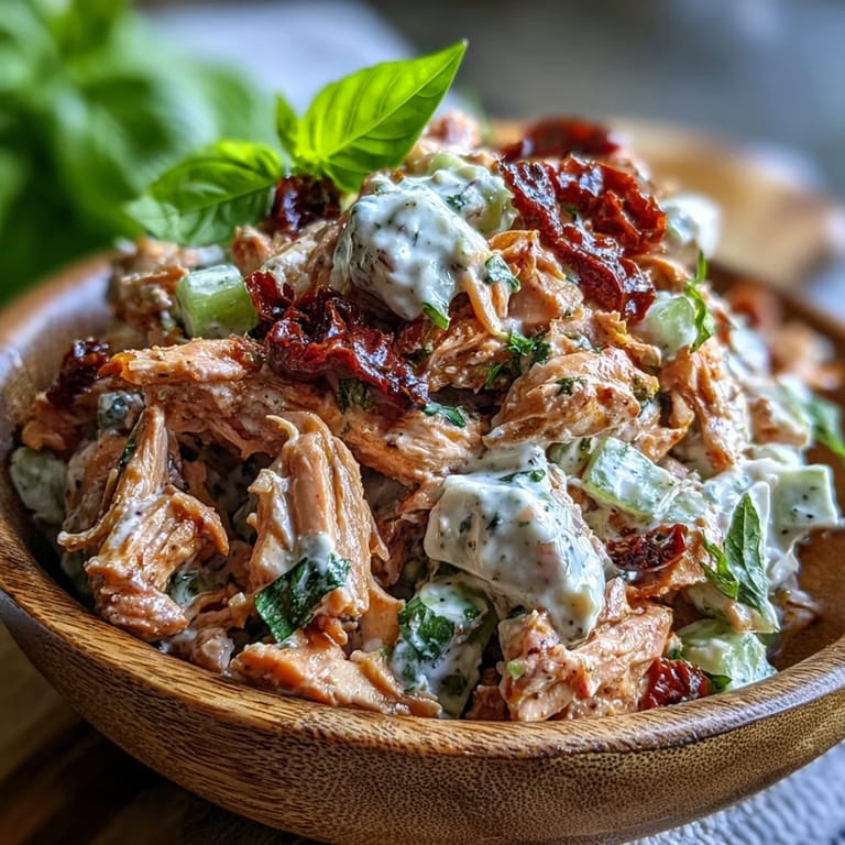 Sun-Dried Tomato Chicken Salad in a sandwich or pita, topped with extra basil and lemon.